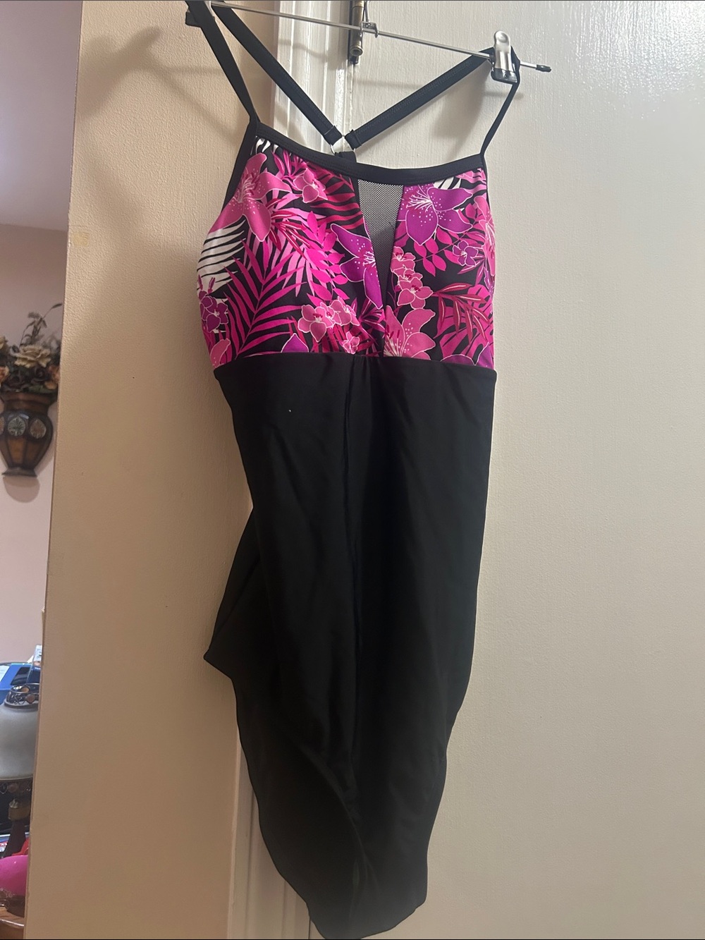 Ladies Black One-Piece Swimsuit with Pink Floral Top - Brand